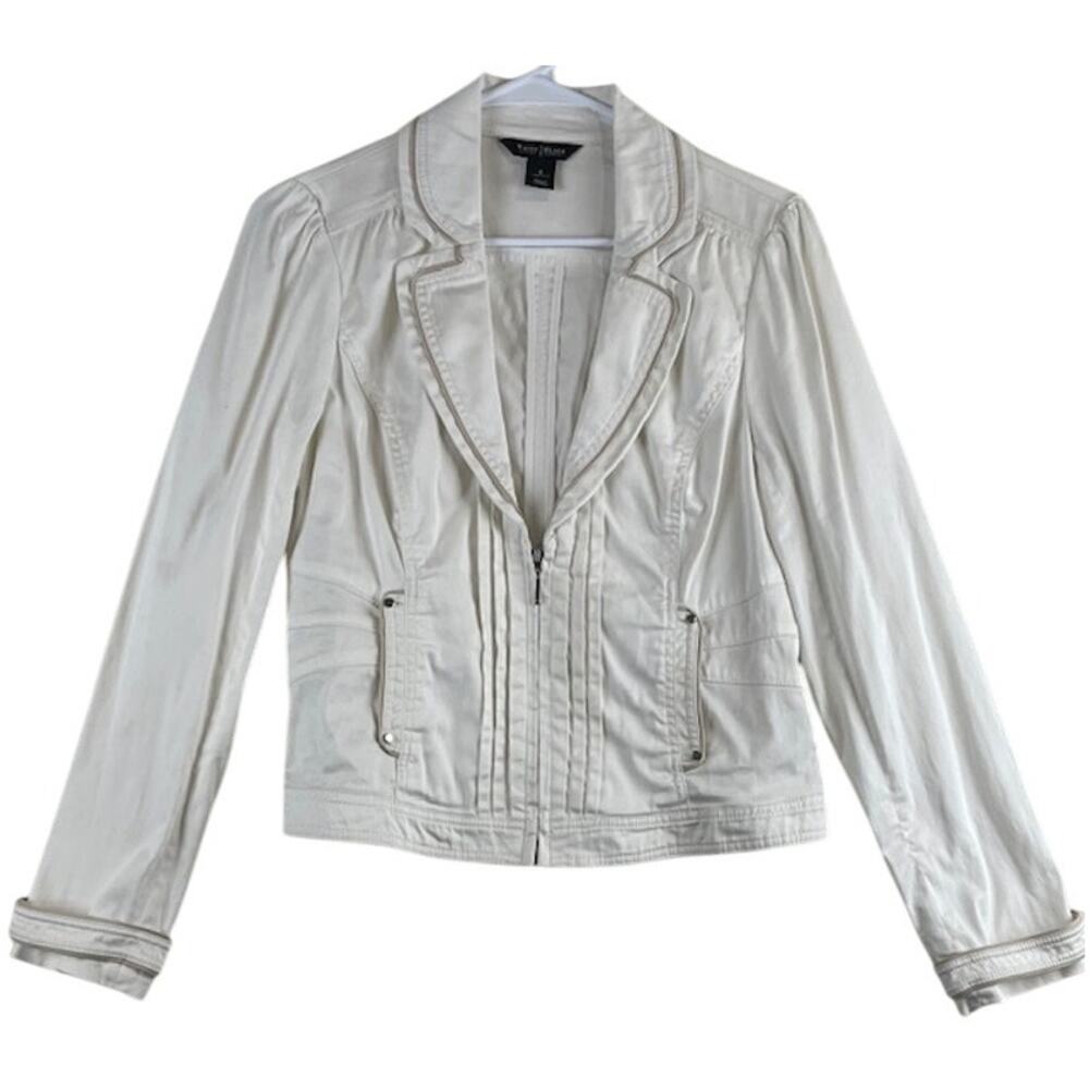 WHBM women's Y2K white structured collared zip up jacket.